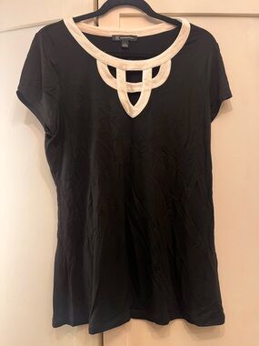 INC International Concepts Black Short Sleeve Top with Ivory Trim Detail